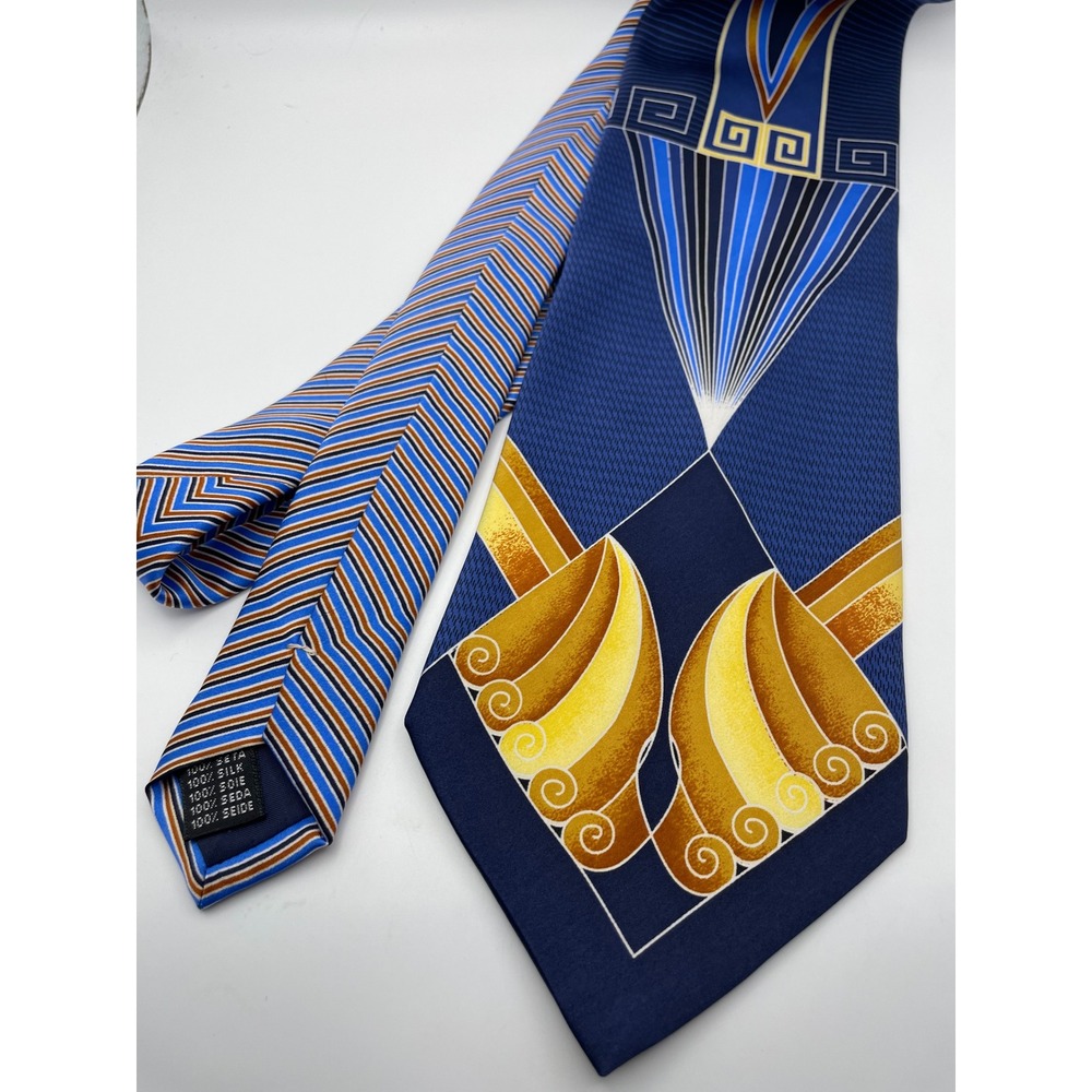 Enrico Venturi Mens Silk Tie Navy Blue Gold Art Deco Greek Key Made in Italy